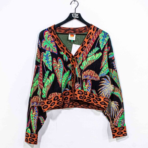 FARM Rio Cool Foliage Cropped Knit Cardigan Large Womens Tropical Print Sweater - Picture 1 of 8
